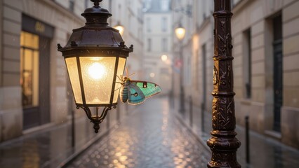 Vintage Street Lamp with Butterfly in Rainy Alley