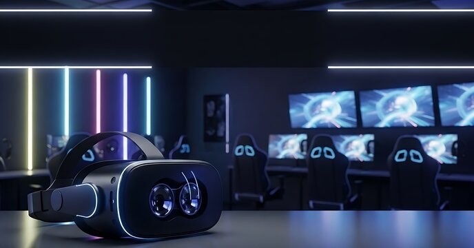 Vr headset gaming setup cyber room virtual reality esports arena streamer station technology futuristic - Powered by Adobe