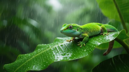 Green Gecko in Rainy Jungle
