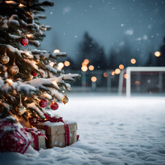 Christmas tree closeup with gifts on snowy soccer field, goal in background, snowfall and sun. Concept of resting soccer field during Christmas time.