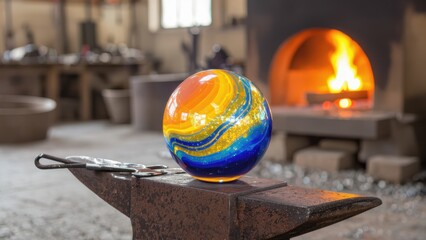 Glass Art Sphere in Glassblowing Workshop