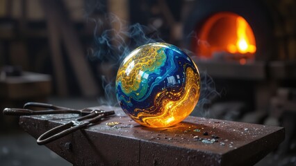 Glassblowing Art: Molten Sphere in Forge