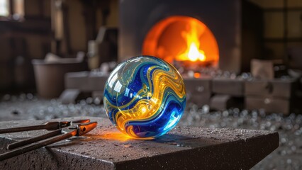 Glassblowing Art: Molten Glass Sphere in Furnace