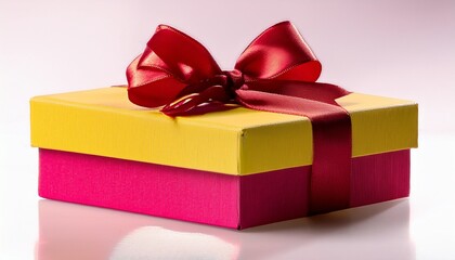 Obraz premium a yellow and pink gift box with a red bow on top
