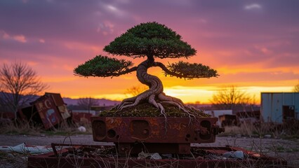 Bonsai Tree in Rusty Container at Sunset