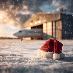 Santa Claus hat placed on snowy airport hangar with airplane nose and hangar doors in background. Concept of Christmas celebration blending with travel and aviation industry.