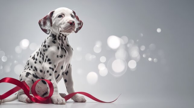 Dalmatian Puppy with Red Ribbon Loop, Clean Set, Right Copy Left Header