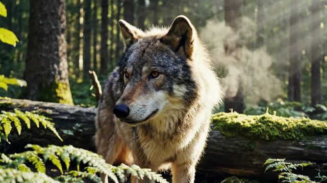 Majestic wolf portrait in sunlit forest with ferns and mossy log natural wildlife predator gaze