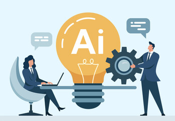 Business Teamwork and Innovation with Artificial Intelligence – Flat Vector Illustration, AI-Powered Business Collaboration, Human–AI Partnership at Work, Innovation and Problem-Solving