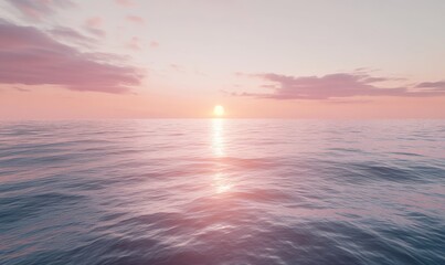 Sunset over calm ocean waters with pink clouds above horizon.