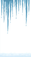 Fototapeta premium Melting icicles dripping water on cold winter day with snowy background
