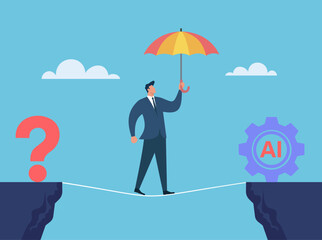 Businessman walking a tightrope between uncertainty and AI innovation, protected by an umbrella, symbolizing risk management and digital transformation, Balancing risk and reward