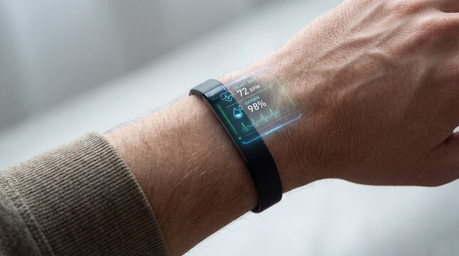 A person's arm displays a futuristic fitness tracker. The wearable technology showcases vital signs such as heart rate and blood oxygen level, glowing gently.