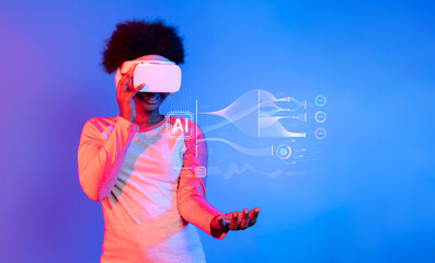 A young woman wearing a virtual reality headset engages with AI visualizations in a captivating blue and pink light setting, showcasing the future of technology and data. XDMCP