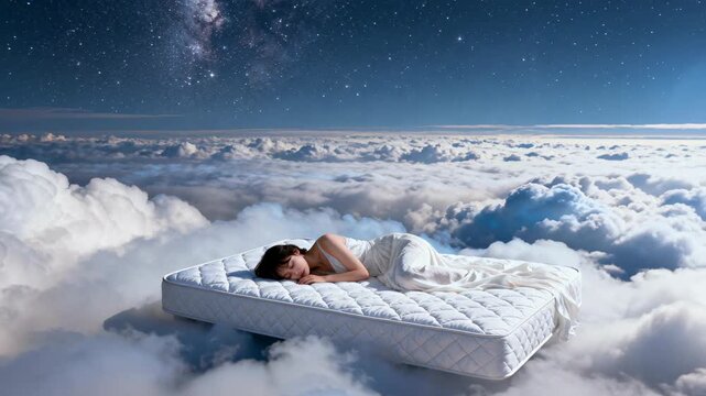 Concept of optimal sleep hygiene, nighttime health, and restful wellness with woman floating above the clouds in bed.