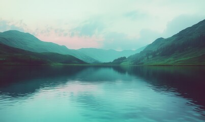 Mountain lake reflecting sky, surrounded by serene misty green hills.