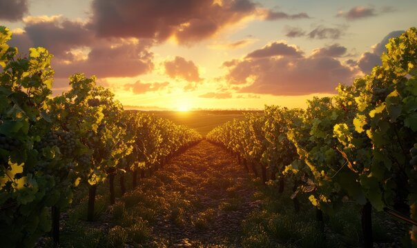 Sunset over vineyard with lush greenery and dramatic cloudy sky.