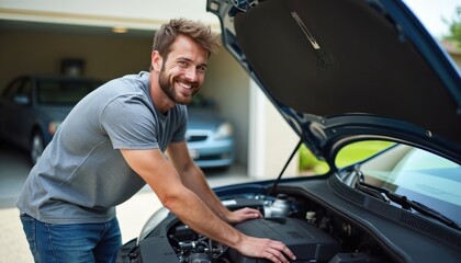 Man smiles while fixing car engine under open hood near garage. He checks automobile mechanics at auto repair workshop. Caucasian guy works on vehicle vehicle maintenance.