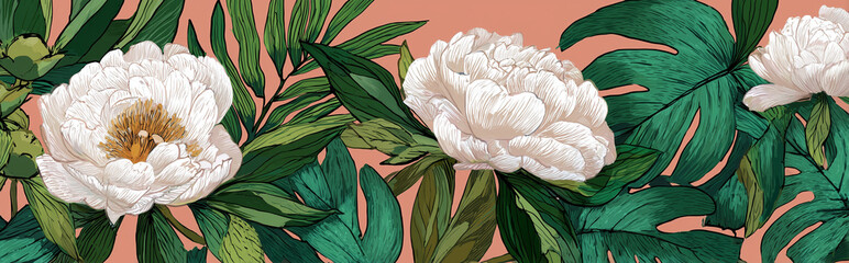 Botanical Peony Illustration on Blush Pink Background