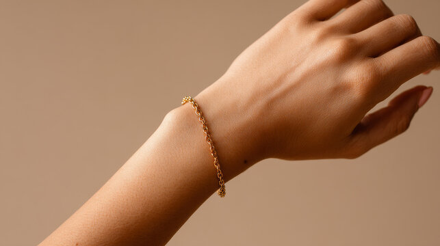 Close-up of a woman&rsquo;s wrist wearing a gold chain bracelet on a beige background