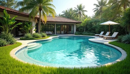 Luxury home with large turquoise swimming pool, sun loungers, umbrella, and lush green landscaping. Modern house with glass doors opens onto tropical backyard paradise perfect for summer vacation.