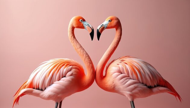 Two pink flamingos create heart shape with necks on soft pastel pink backdrop. Birds display vibrant plumage, suggesting love, romance, and tropical beauty. Minimalist composition highlights elegance.