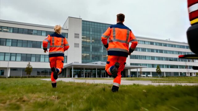 Emergency medical responders running toward ambulance outside modern hospital building for urgency call.