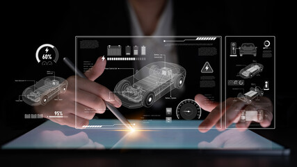 Technical layout of electric vehicle showing battery system, power control, traction motor, charging interface, and integration with renewable and smart energy sources Latch