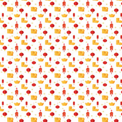 A seamless festive pattern features red lanterns, gold ingots, coin stacks, firecrackers, and sparkles celebrating Chinese New Year