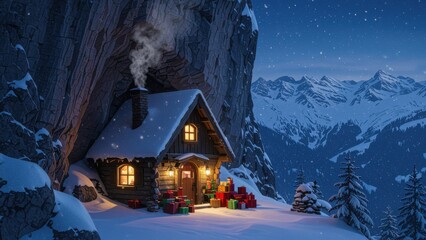 Cozy Log Cabin in Snowy Mountains at Night