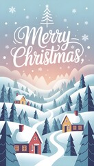 Merry Christmas Winter Village Greeting Card Illustration