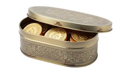 Gold Coins in Ornate Tin Box