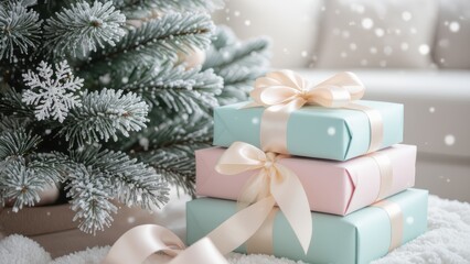 Pastel Christmas Presents under Snowy Tree