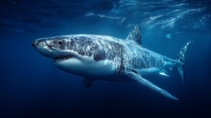 Fototapeta premium A majestic great white shark swims in deep blue ocean waters. Sunlight filters through the surface creating a dynamic and engaging underwater scene