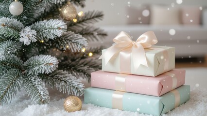 Pastel Christmas Presents Under Snowy Tree