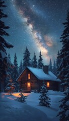 Cozy Winter Cabin Under Starry Milky Way Night Sky Illustration