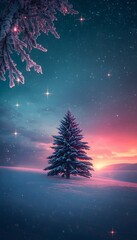Dreamy Winter Night Landscape with Snowy Pine Tree and Magical Sky