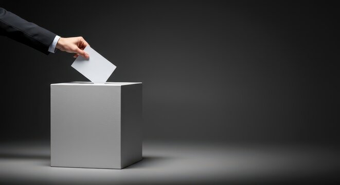 A clean ballot box receiving a vote, signifying participation and the democratic process moving forward successfully and transparently, polling, booth, voting