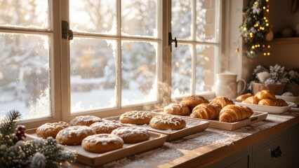 Cozy Winter Bakery Display with Snowy Window