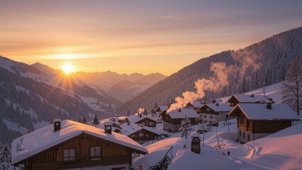 Snowy Mountain Village Sunset