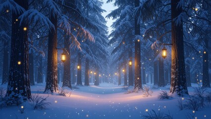 Snowy Forest Path with Lanterns
