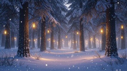 Snowy Forest Path with Lanterns