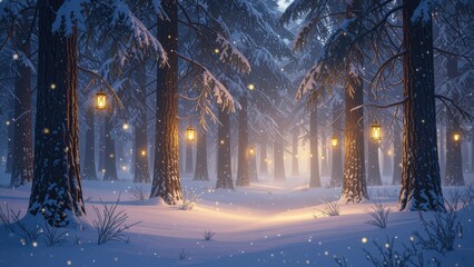 Snowy Forest Path with Lanterns