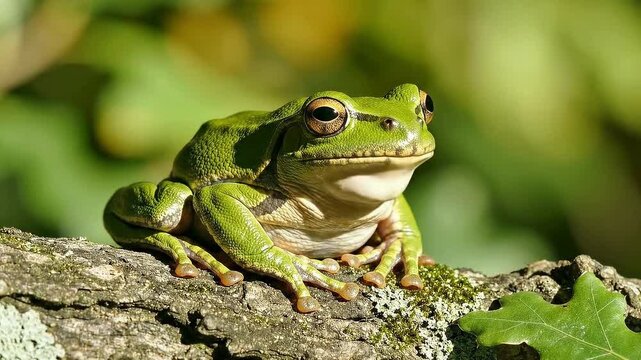 Vibrant green tree frog perched on mossy branch sunlit forest background macro detail amphibian