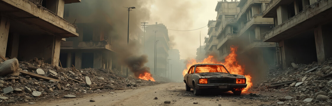 Destroyed city street with burning car amid rubble and smoke. Collapsed buildings, debris, and distant fires show aftermath of war and destruction. Scene conveys chaos and devastation.