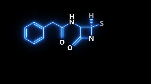 neon Penicillin Molecular Structure On black Background. glowing chemical formula of Penicillin. Penicillin Molecular Structure Symbol icon Animation. Penicillin Molecule Structure icon.