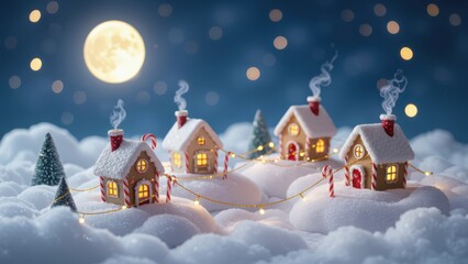 Snowy Gingerbread Village Moonlit Night