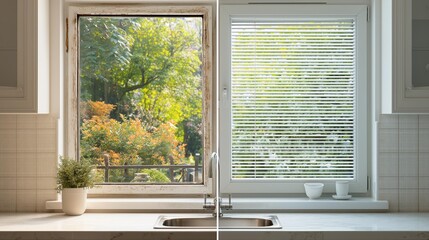 Obraz premium Contrasting kitchen window views: garden outside and closed blinds indoors