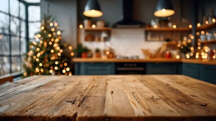 Rustic wooden tabletop in a cozy Christmas kitchen with festive lights and a decorated tree. Ideal for holiday-themed product placement.