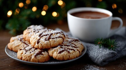 Christmas cookies on a plate with hot cocoa, surrounded by festive decorations on a wooden table, perfect for holiday promotions and advertisements.
